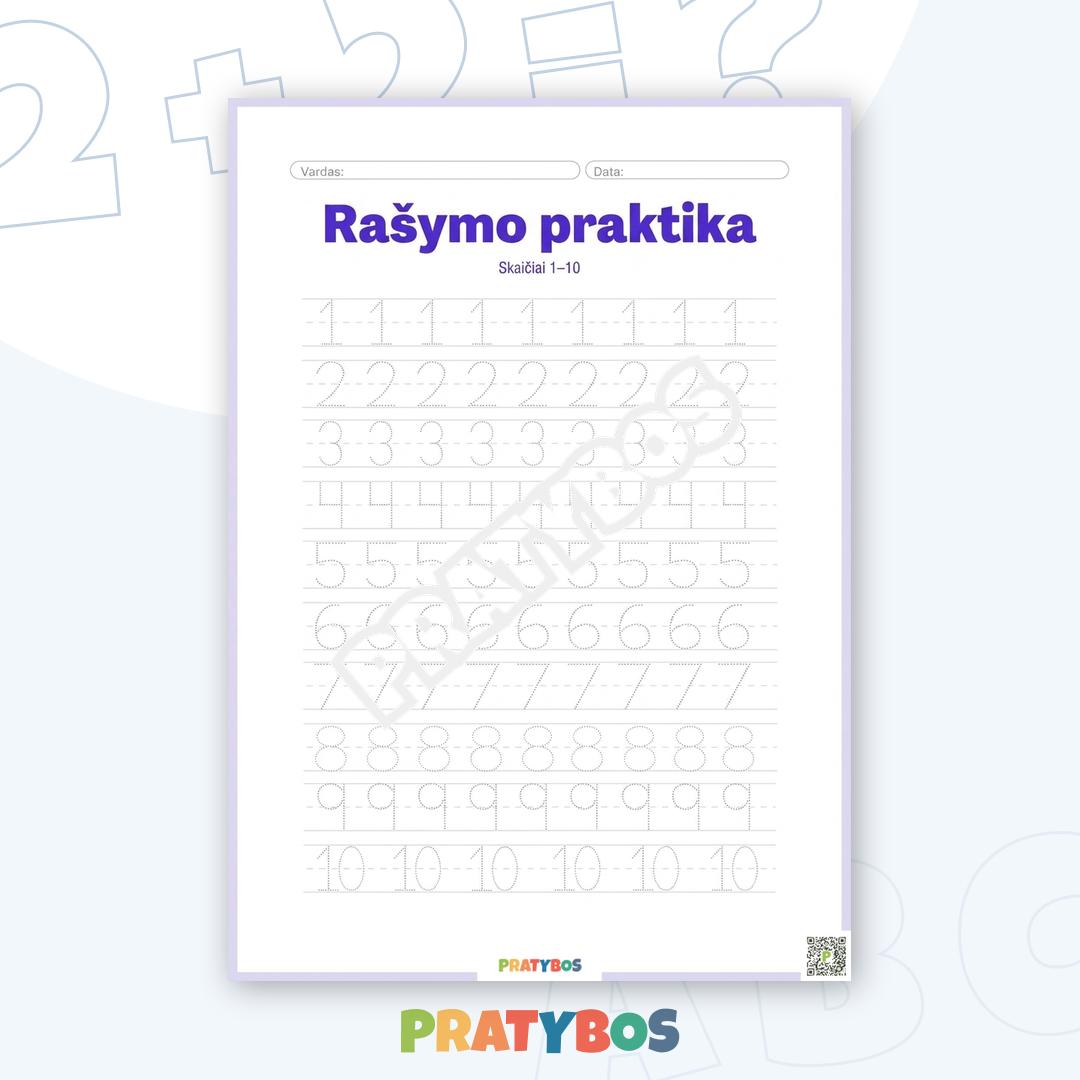 Darbo lapas – Skaičiai 1–10: rašymo įgūdžiams