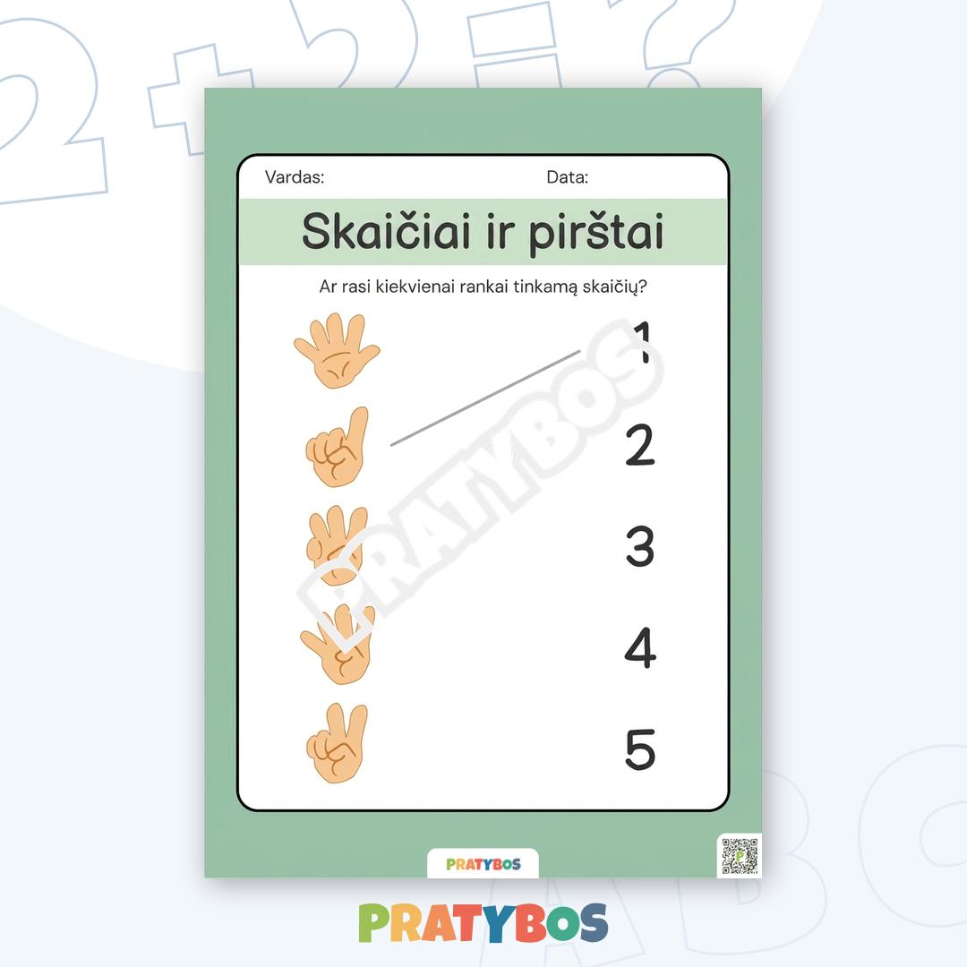 Darbo lapas – Skaičiai ir pirštai: Susiek 1–5