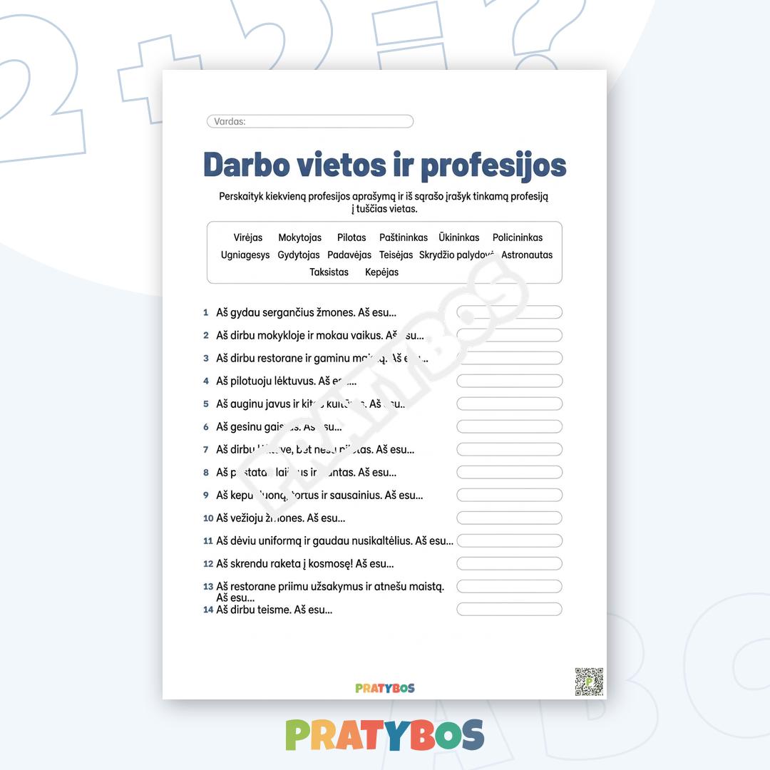 Darbo lapas – Profesijos: pažink darbus ir jų aprašymus
